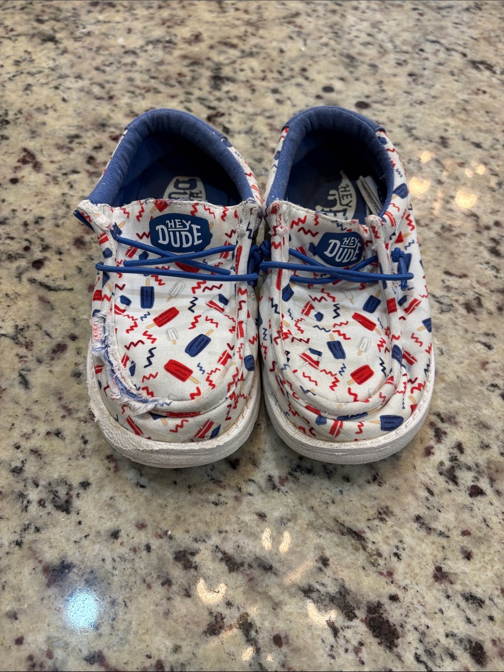NOT AVAILABLE Hey Dude Kids White Slip-On Moccasins with Red & Blue Accents